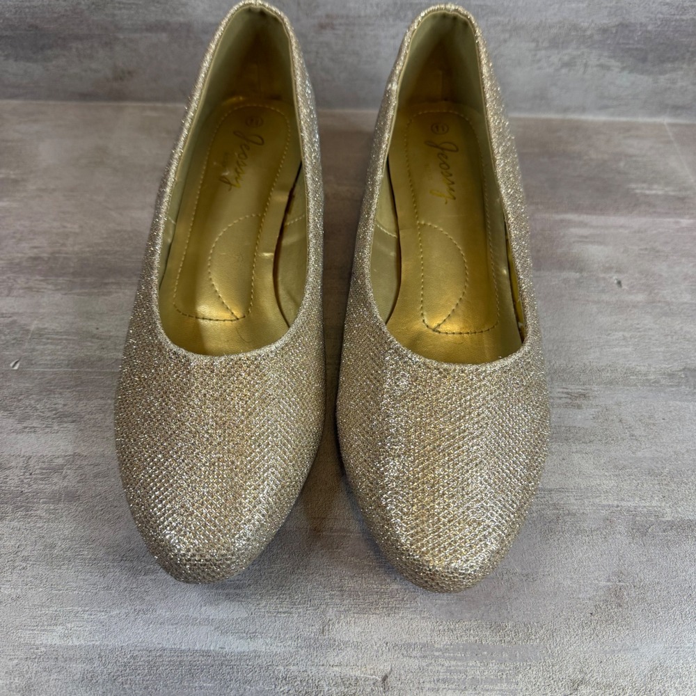 Jeossy Milan Gold Glitter Low Wedge Pumps Round Toe Formal Evening Shoes Size 11